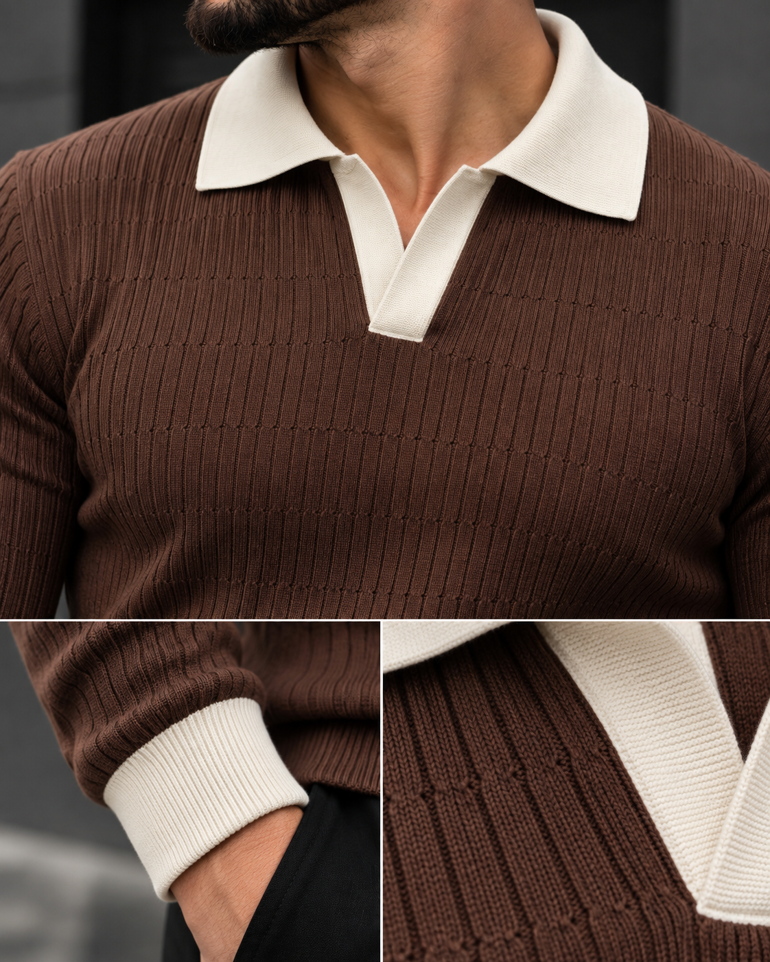 Brown Contrast Collar Knit Polo 3