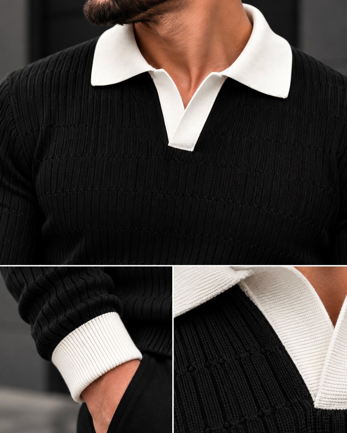 Black Contrast Collar Knit Polo gallery.thumbnail 3