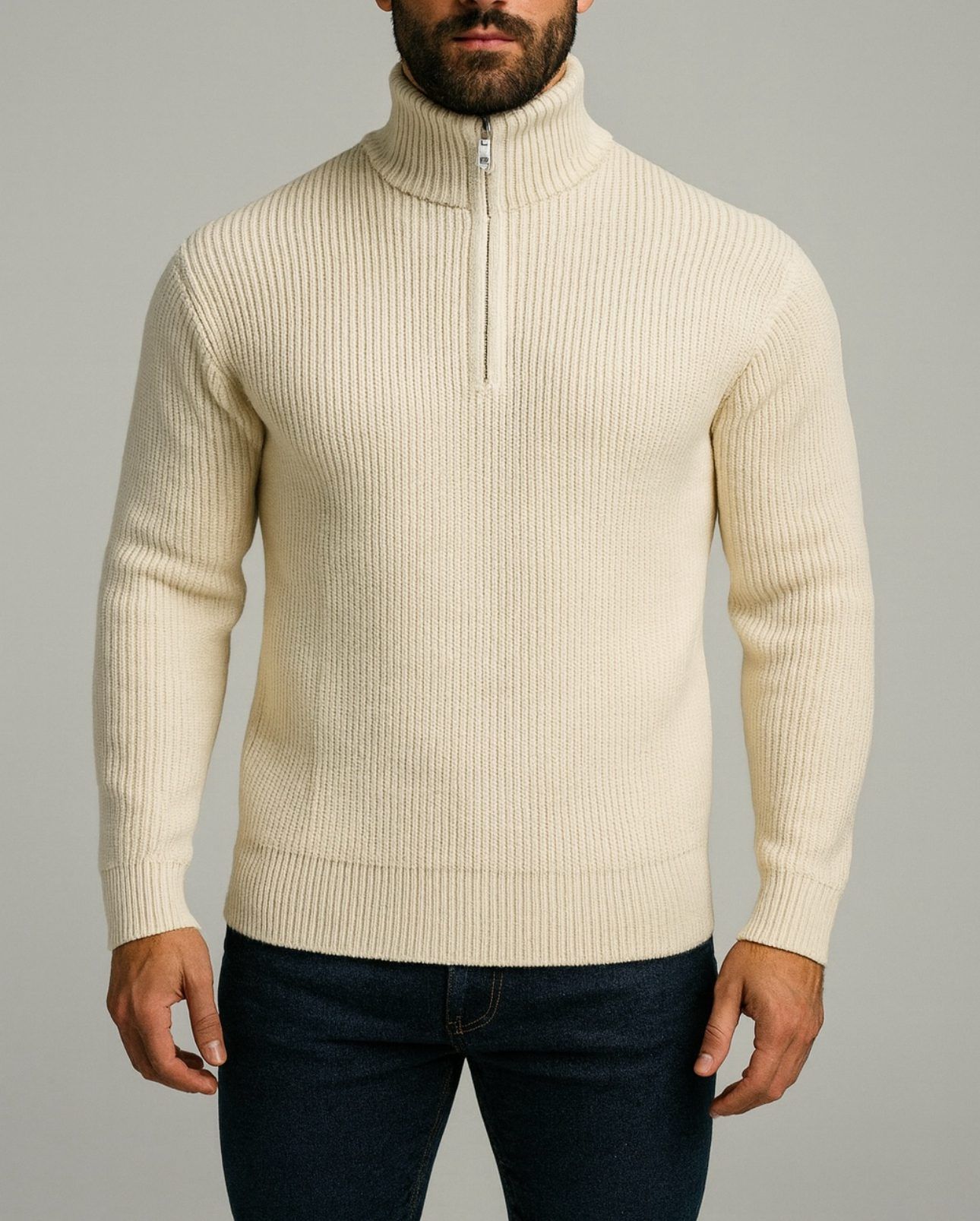 HALF-ZIP RIBBED KNIT SWEATER – MILK WHITE gallery.thumbnail 2