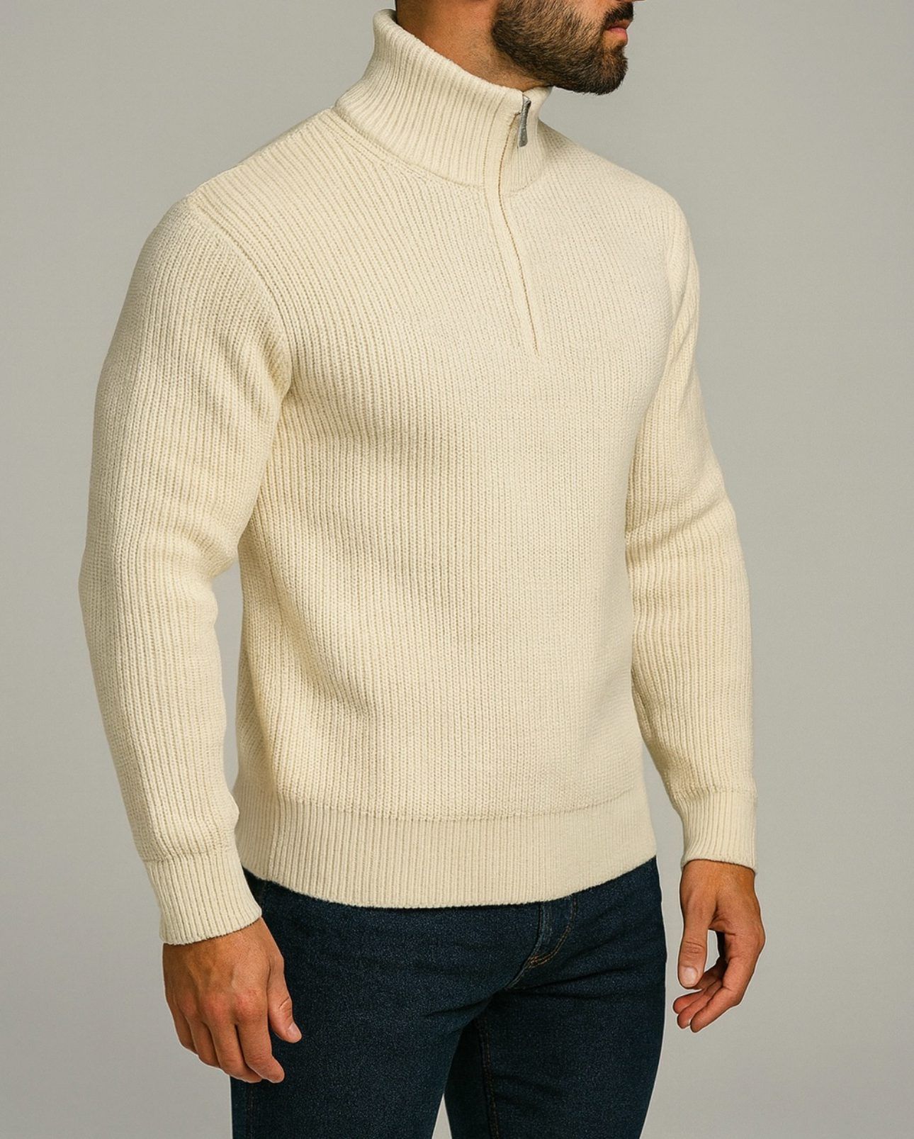 HALF-ZIP RIBBED KNIT SWEATER – MILK WHITE gallery.thumbnail 3