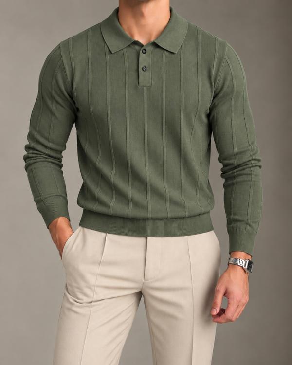 Olive Green Vertical Rib Knit Polo