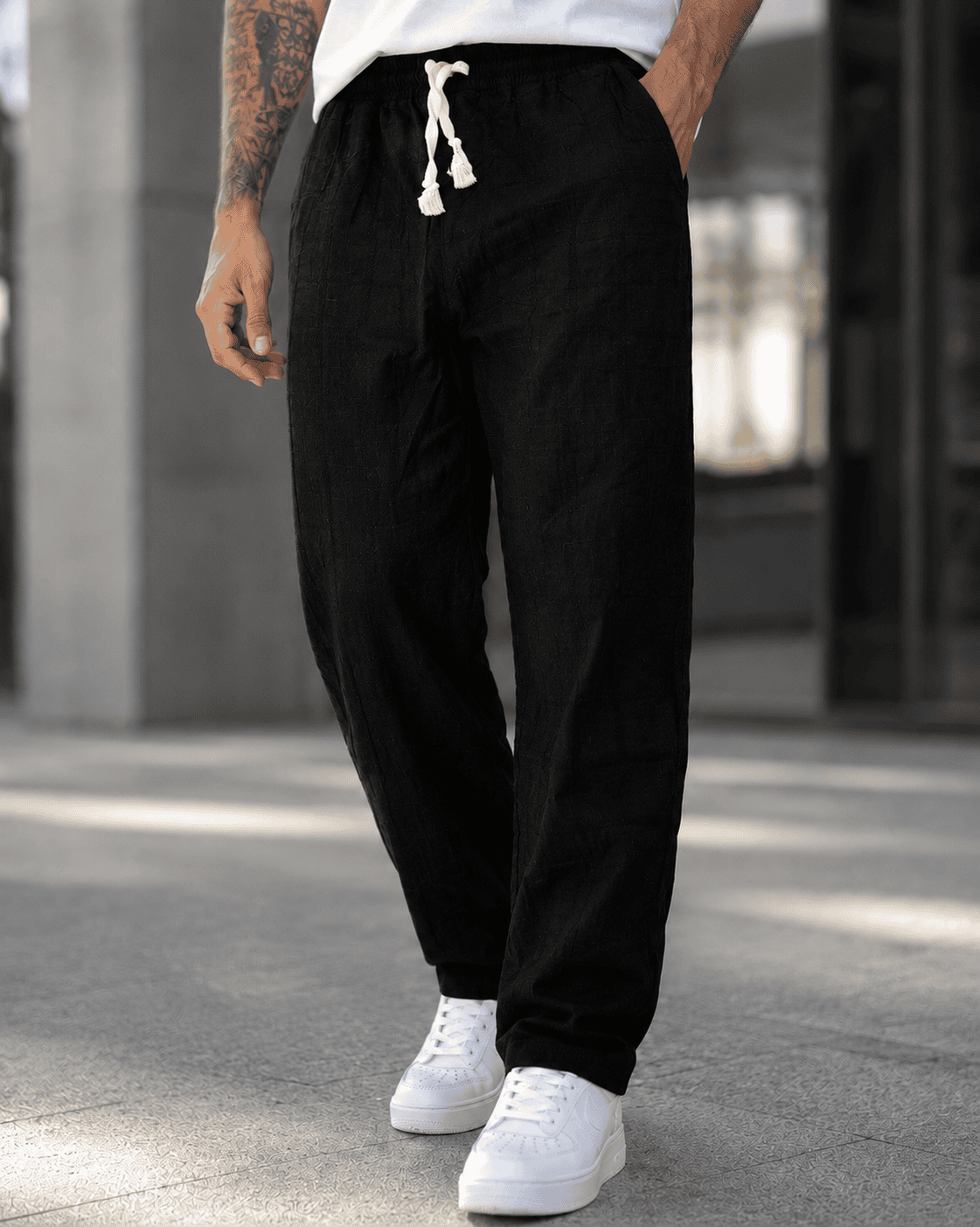 Linen Drawstring Trousers - Black gallery.thumbnail 2
