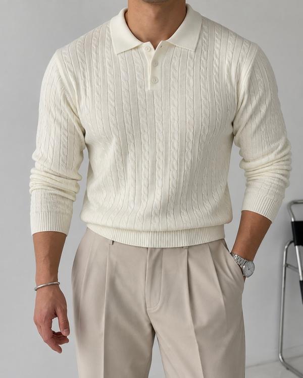 White Textured Knit Polo
