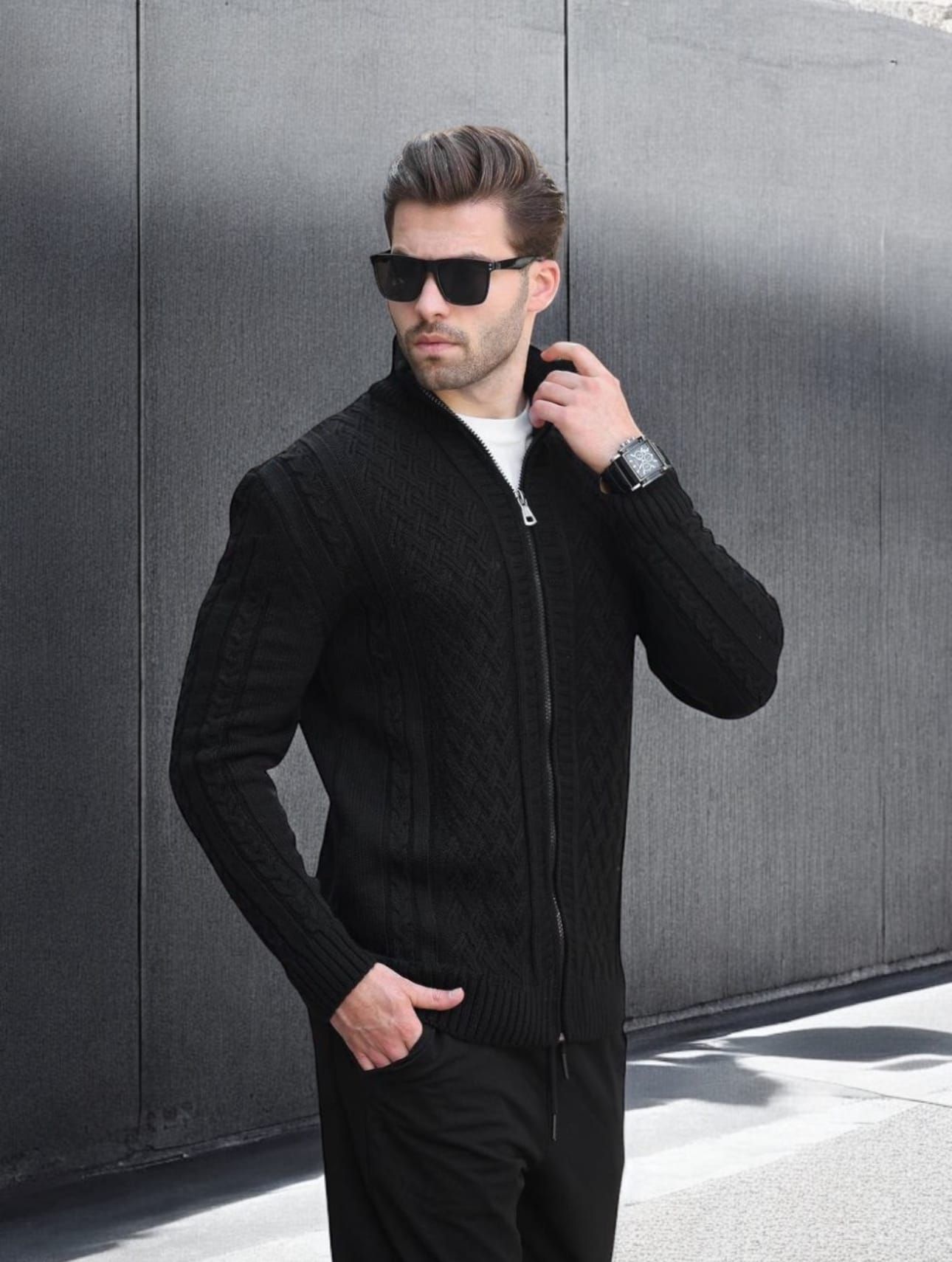 Black Cable-Knit Zip Sweater gallery.thumbnail 1