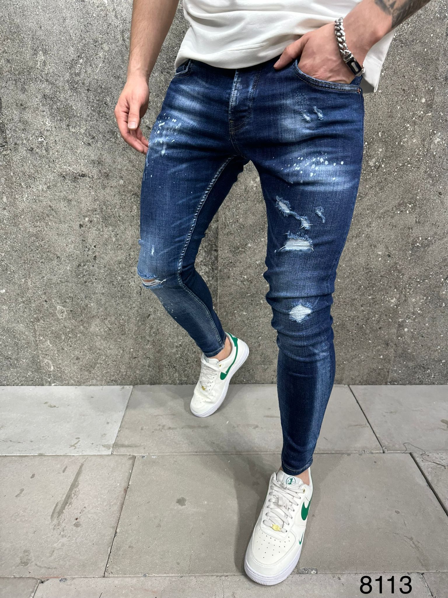 DARK BLUE SKINNY FIT DISTRESSED JEANS gallery.thumbnail 2
