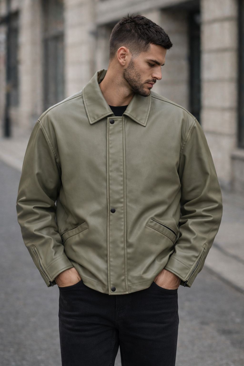 Modern Utility Leather Jacket – Olive gallery.thumbnail 1