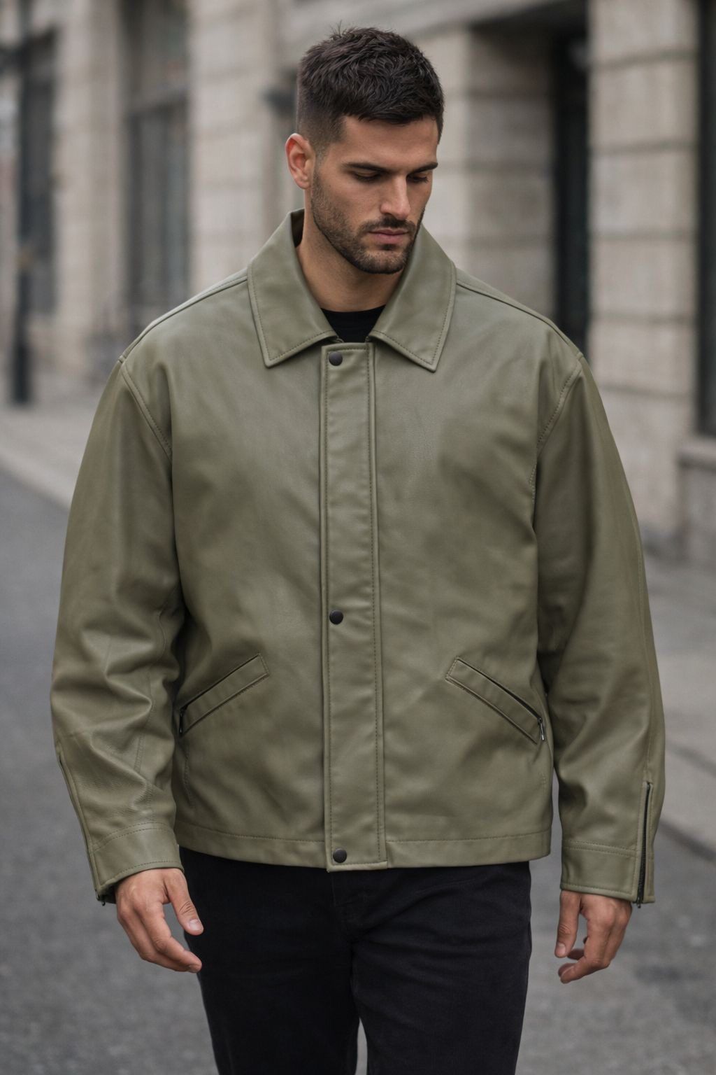 Modern Utility Leather Jacket – Olive gallery.thumbnail 2