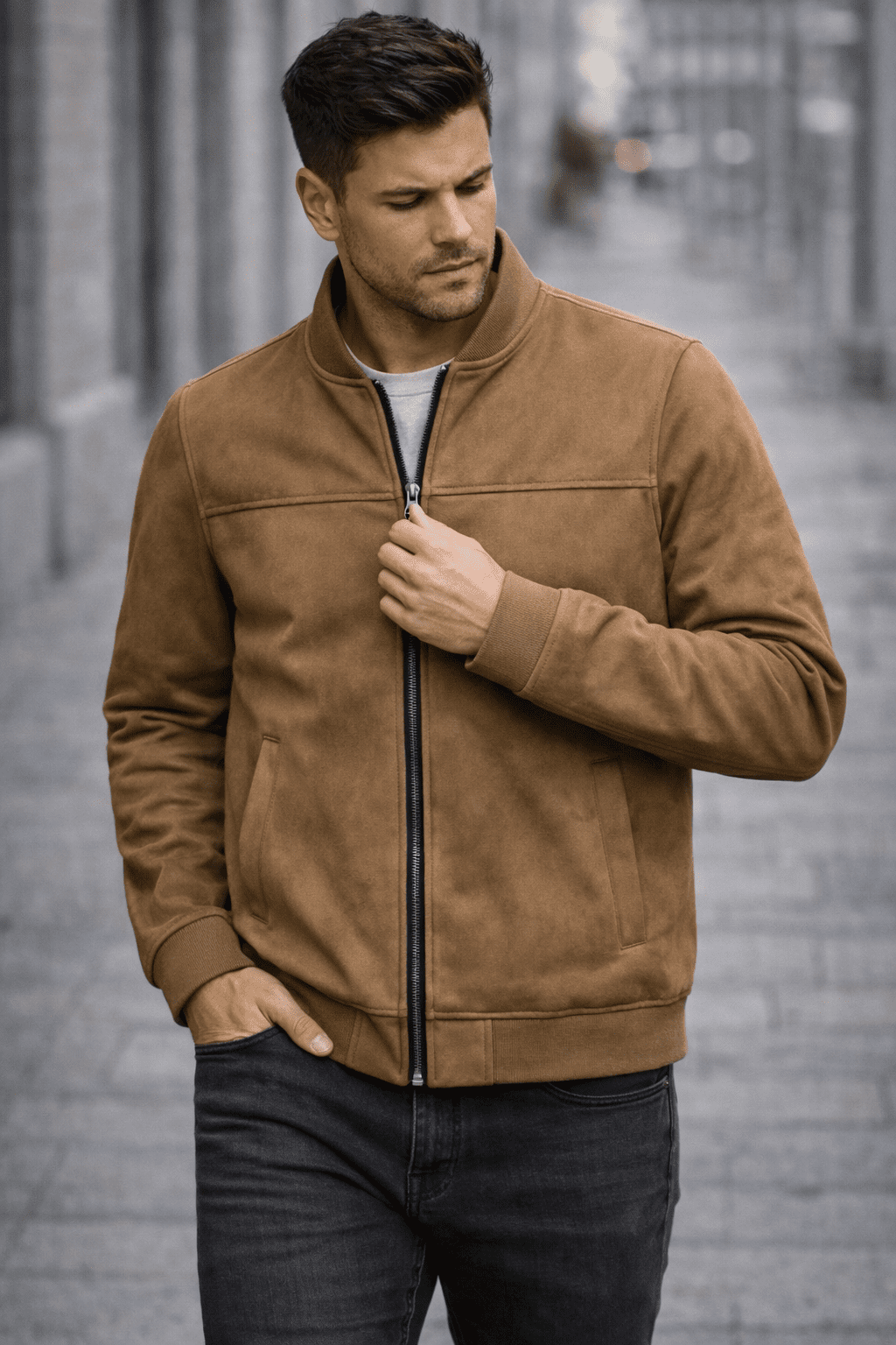 Essential Suede Zip Jacket – Brown gallery.thumbnail 1