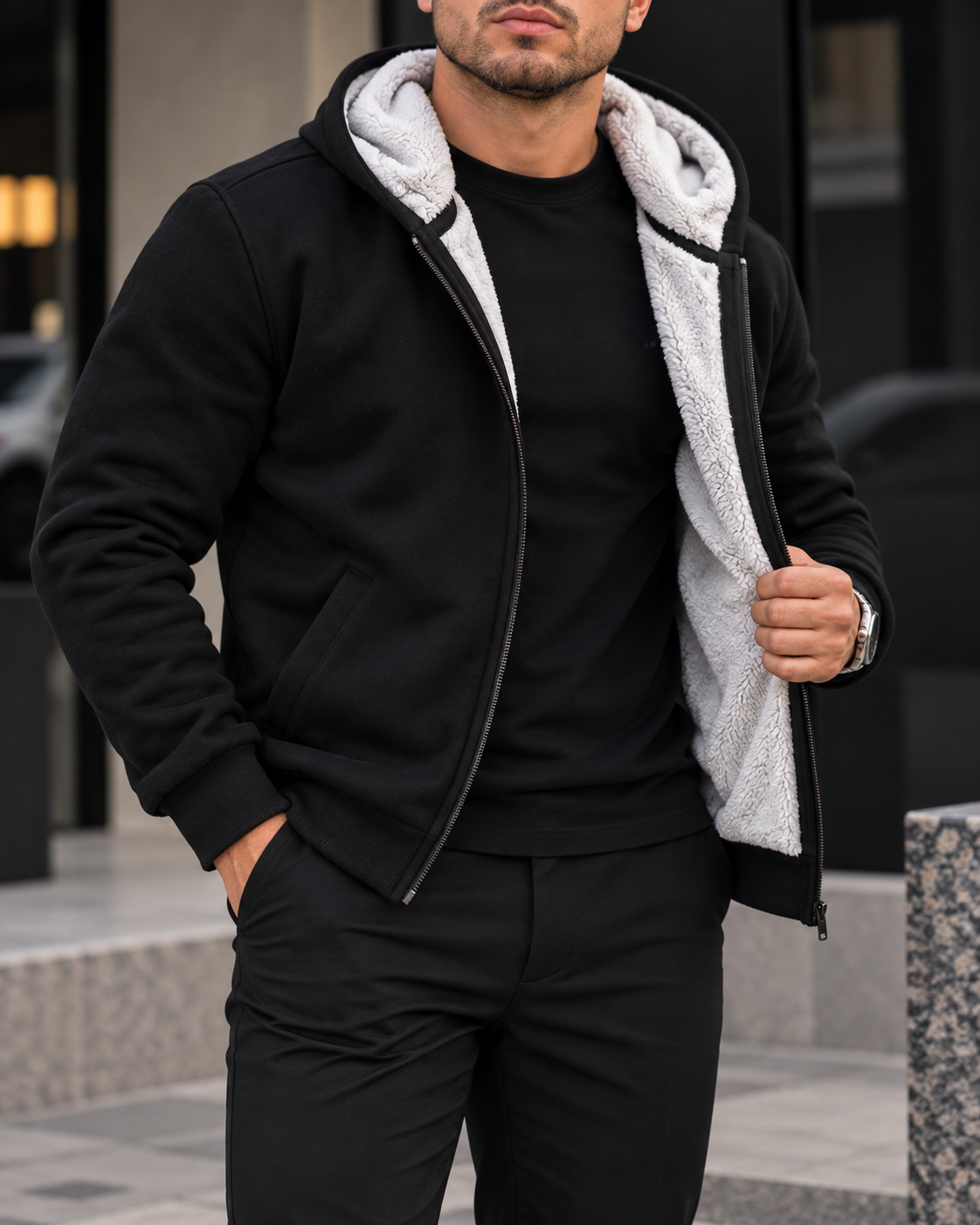 Black Sherpa-Lined Zip Hoodie 2