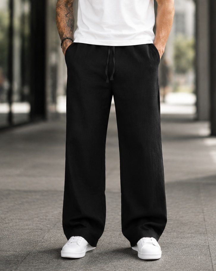 Linen Drawstring Trousers - Black gallery.thumbnail 1