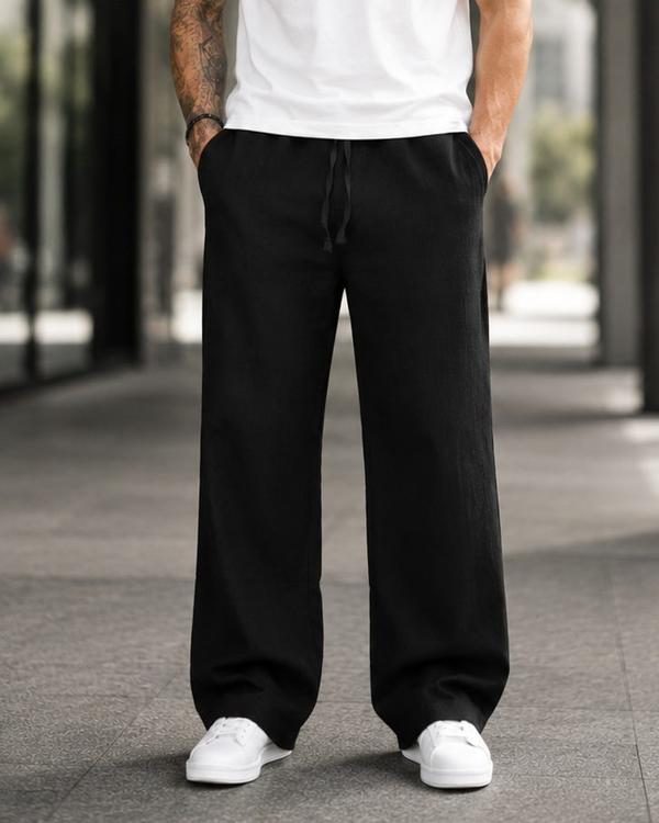 Linen Drawstring Trousers - Black