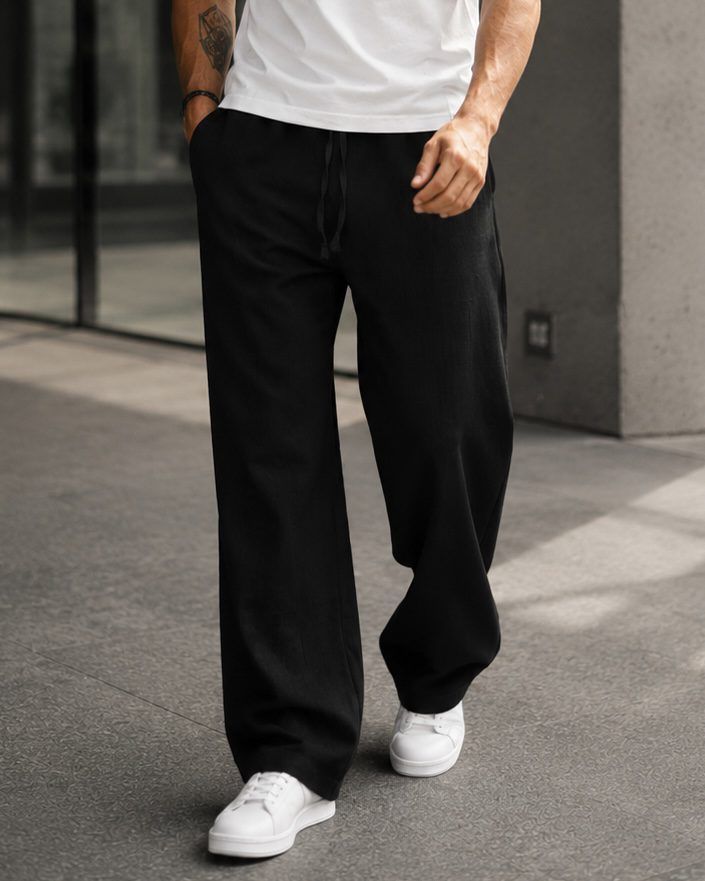 Linen Drawstring Trousers - Black gallery.thumbnail 2