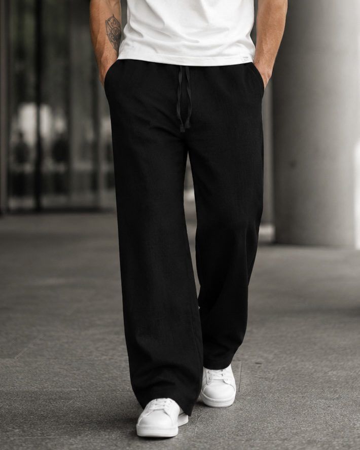 Linen Drawstring Trousers - Black gallery.thumbnail 3