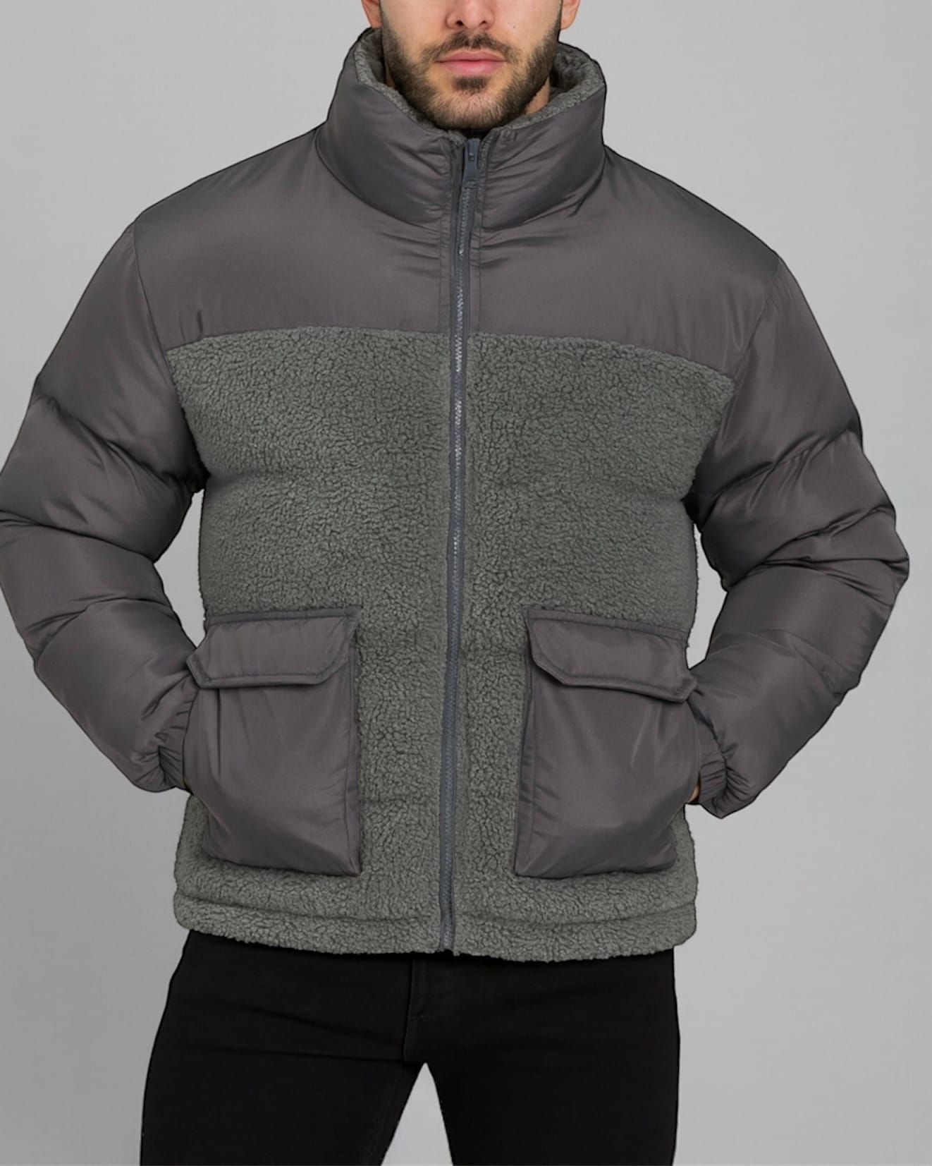 Two-Tone Sherpa Puffer Jacket (Grey Mix) gallery.thumbnail 1