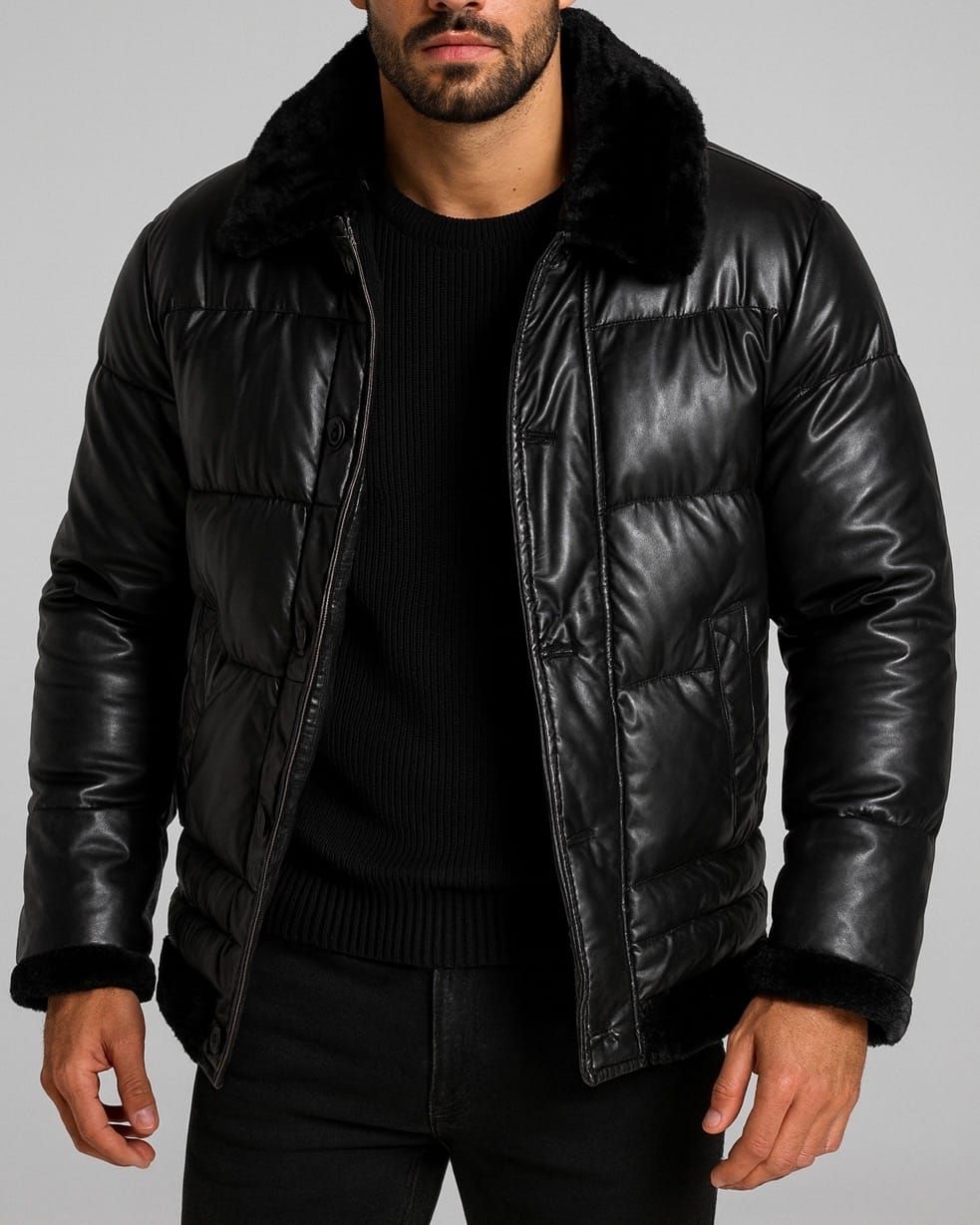 LEATHER PADDED JACKET WITH FAUX FUR COLLAR & CUFFS – BLACK gallery.thumbnail 1
