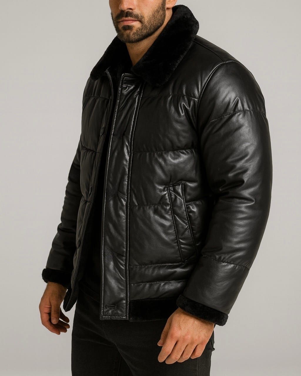 LEATHER PADDED JACKET WITH FAUX FUR COLLAR & CUFFS – BLACK gallery.thumbnail 2