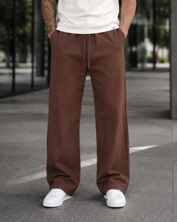 Linen Drawstring Trousers - Brown