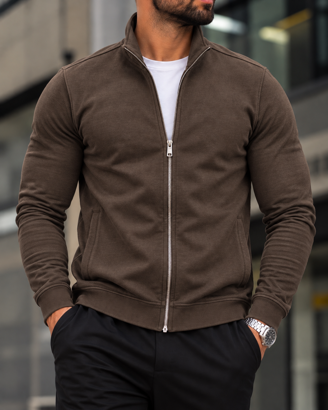 Brown Stand Collar Zip Sweatshirt gallery.thumbnail 1