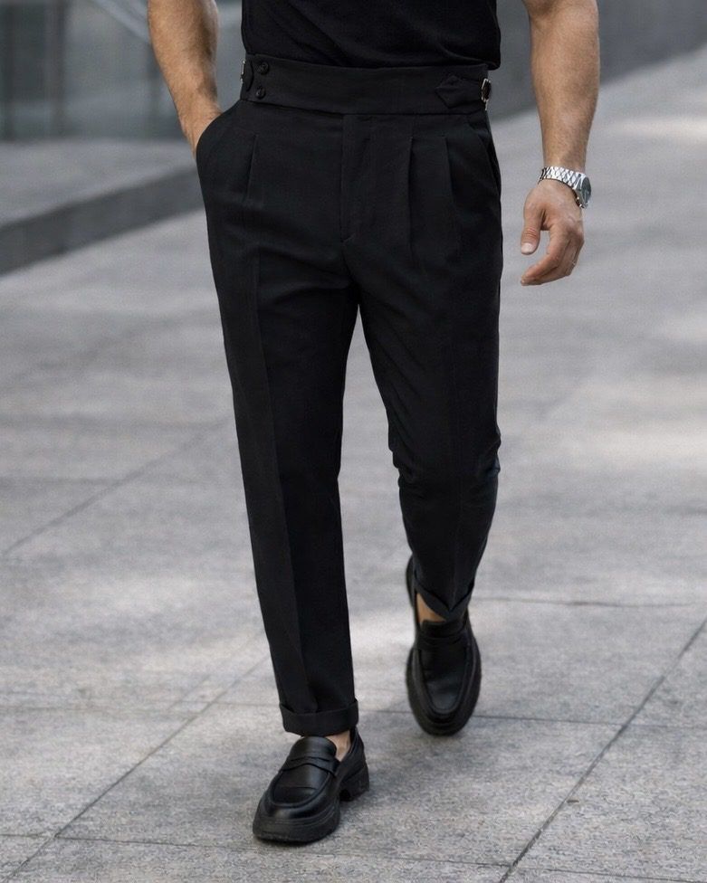Double Pleat Side Adjuster Trousers – Black gallery.thumbnail 1