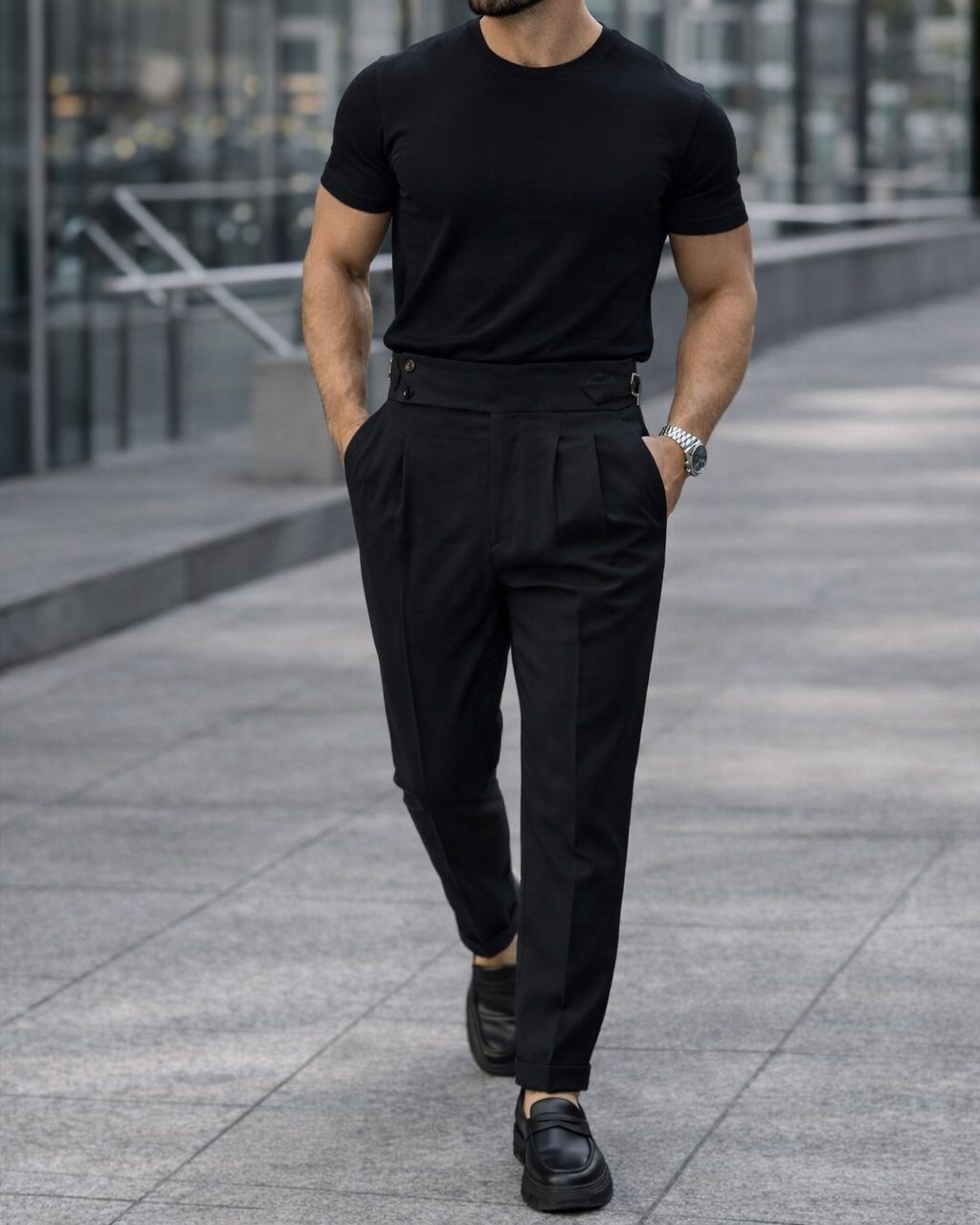Double Pleat Side Adjuster Trousers – Black gallery.thumbnail 2