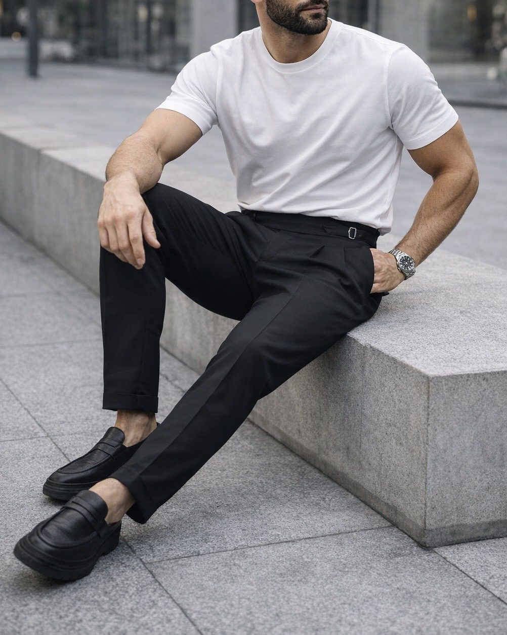 Double Pleat Side Adjuster Trousers – Black gallery.thumbnail 3