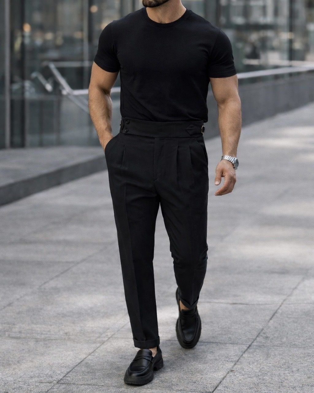Double Pleat Side Adjuster Trousers – Black gallery.thumbnail 4