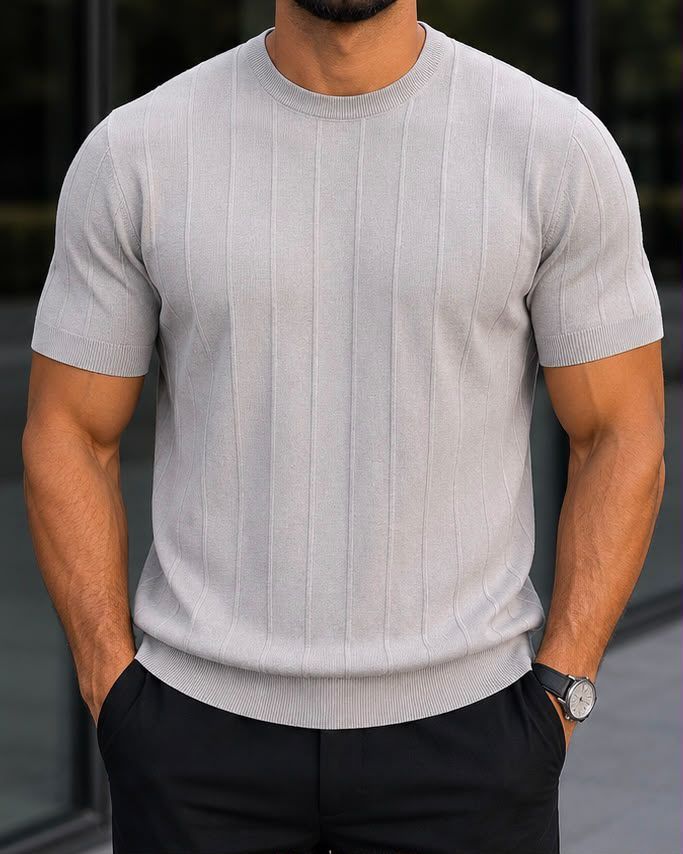 Light Grey Ribbed Knit T-Shirt gallery.thumbnail 1