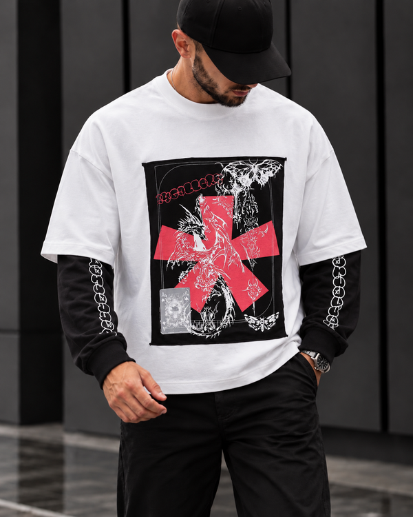 White Oversized Layered Graphic Sweatshirt