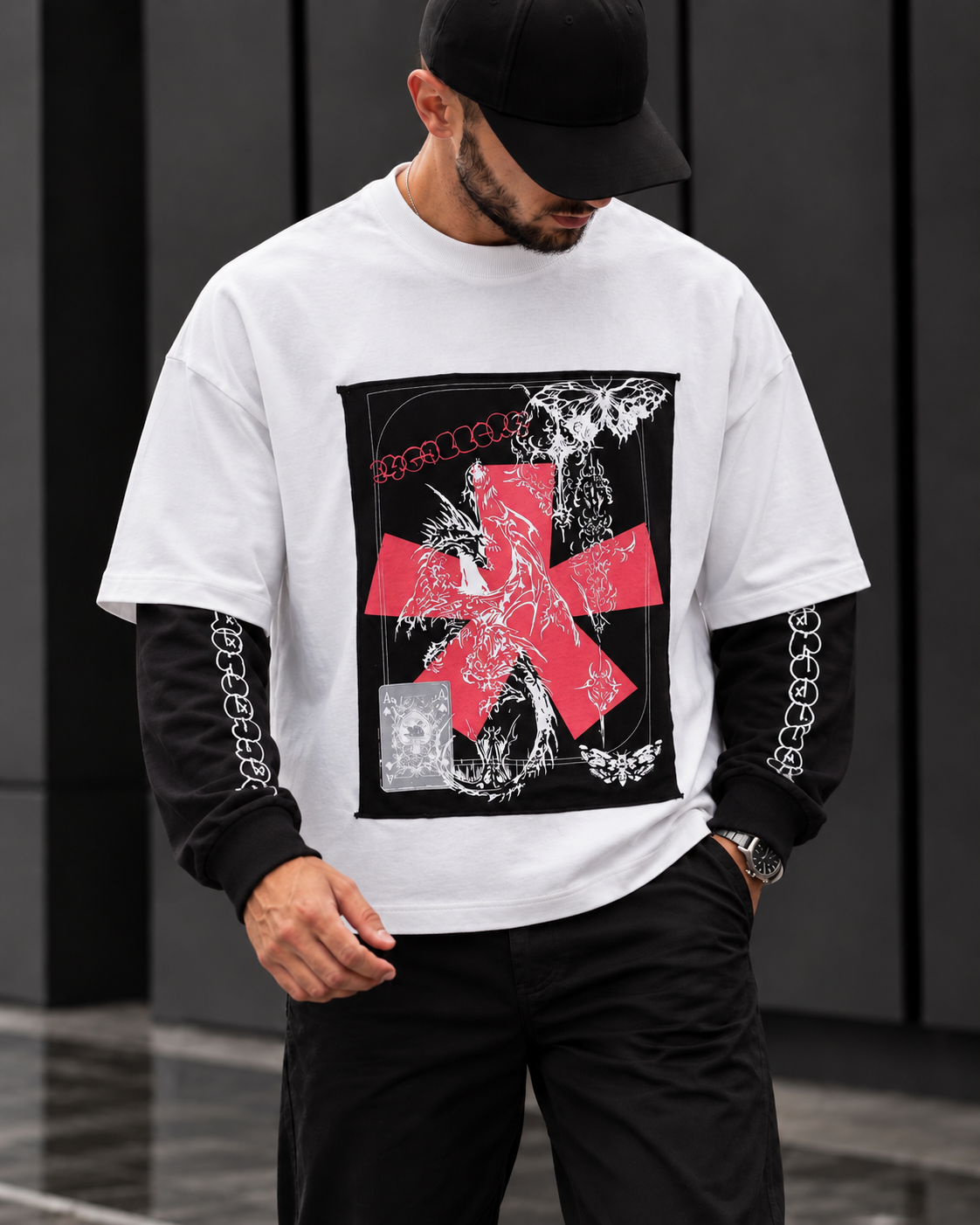 White Oversized Layered Graphic Sweatshirt 1