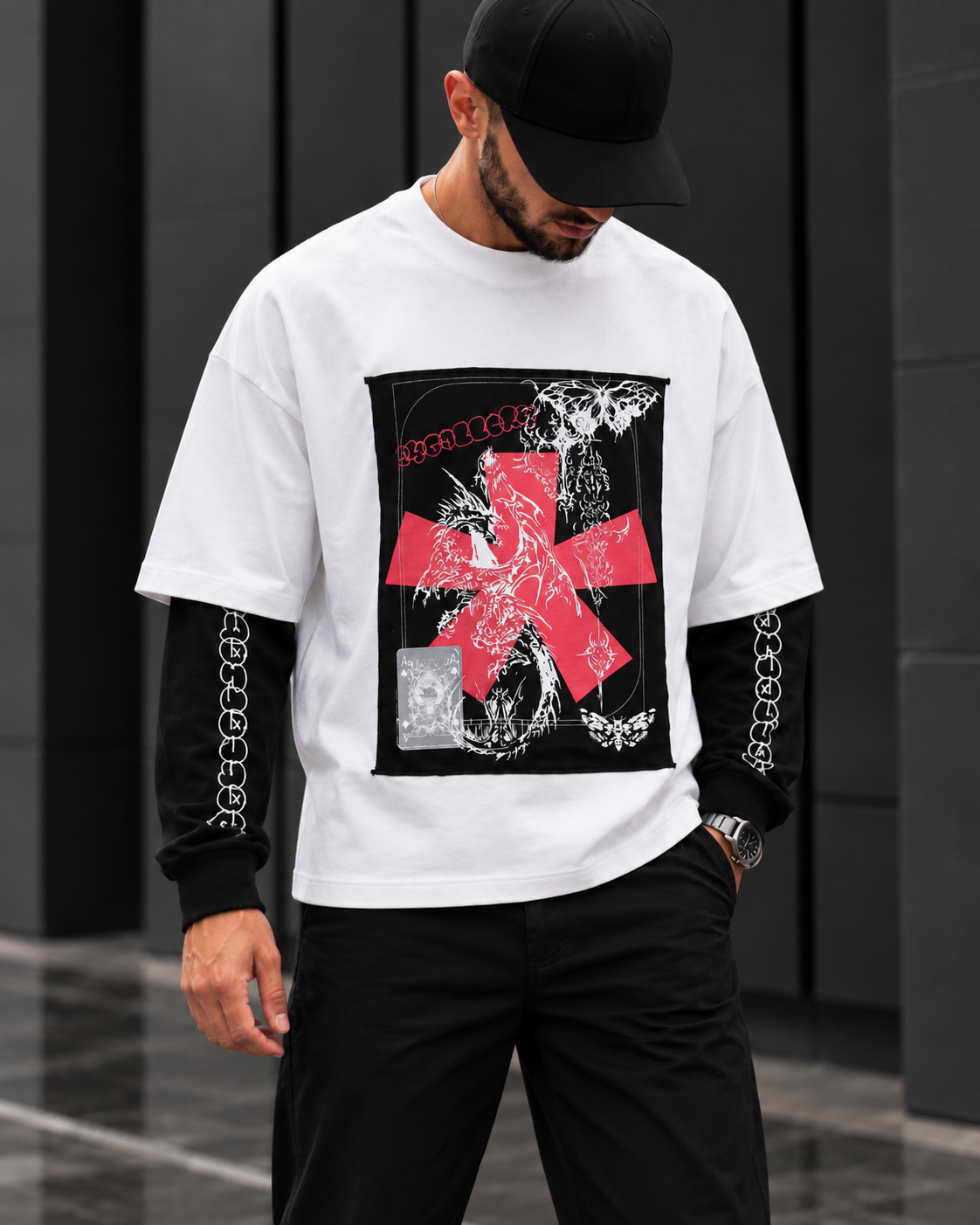 White Oversized Layered Graphic Sweatshirt 3