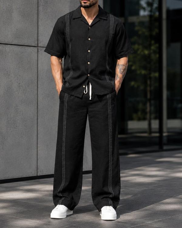 Contrast Stitch Linen Set - Black