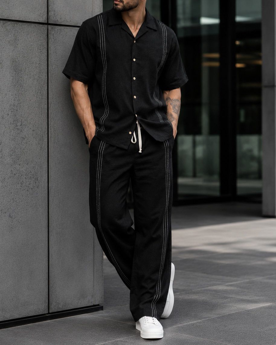 Contrast Stitch Linen Set - Black gallery.thumbnail 2