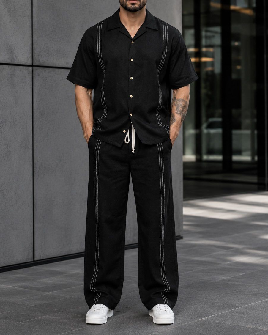 Contrast Stitch Linen Set - Black gallery.thumbnail 3