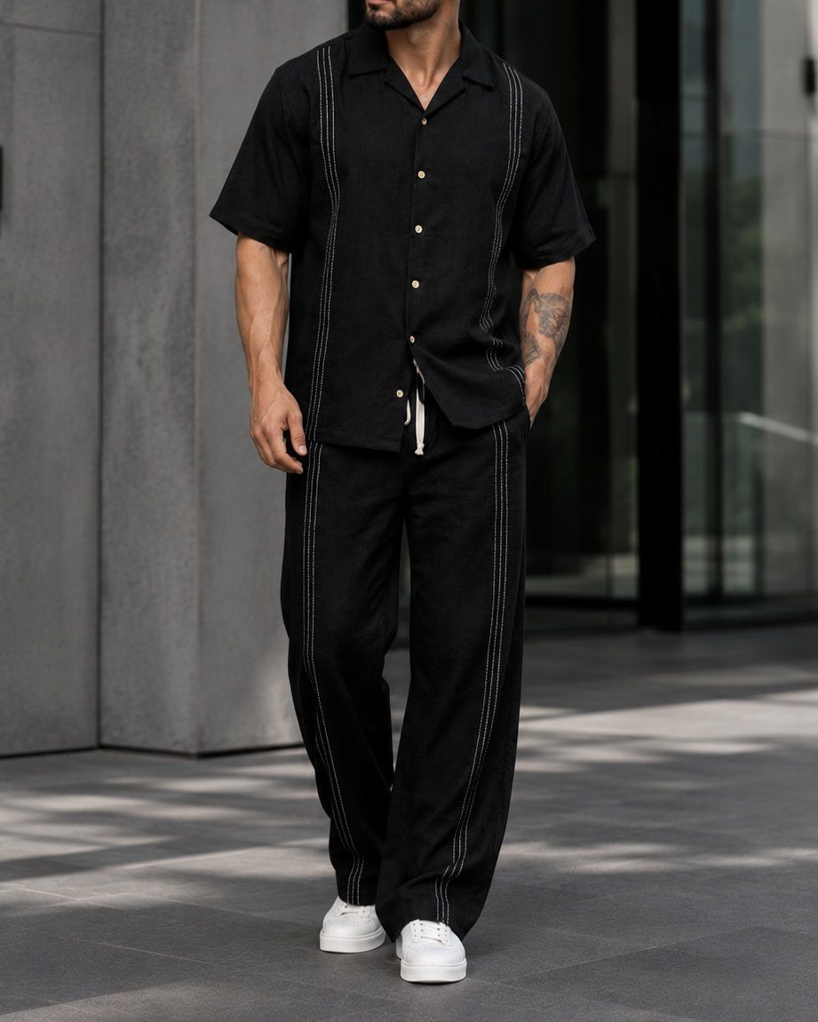 Contrast Stitch Linen Set - Black gallery.thumbnail 4