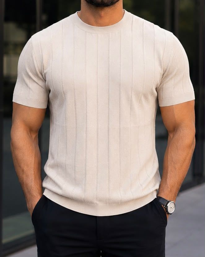 Cream Ribbed Knit T-Shirt gallery.thumbnail 1