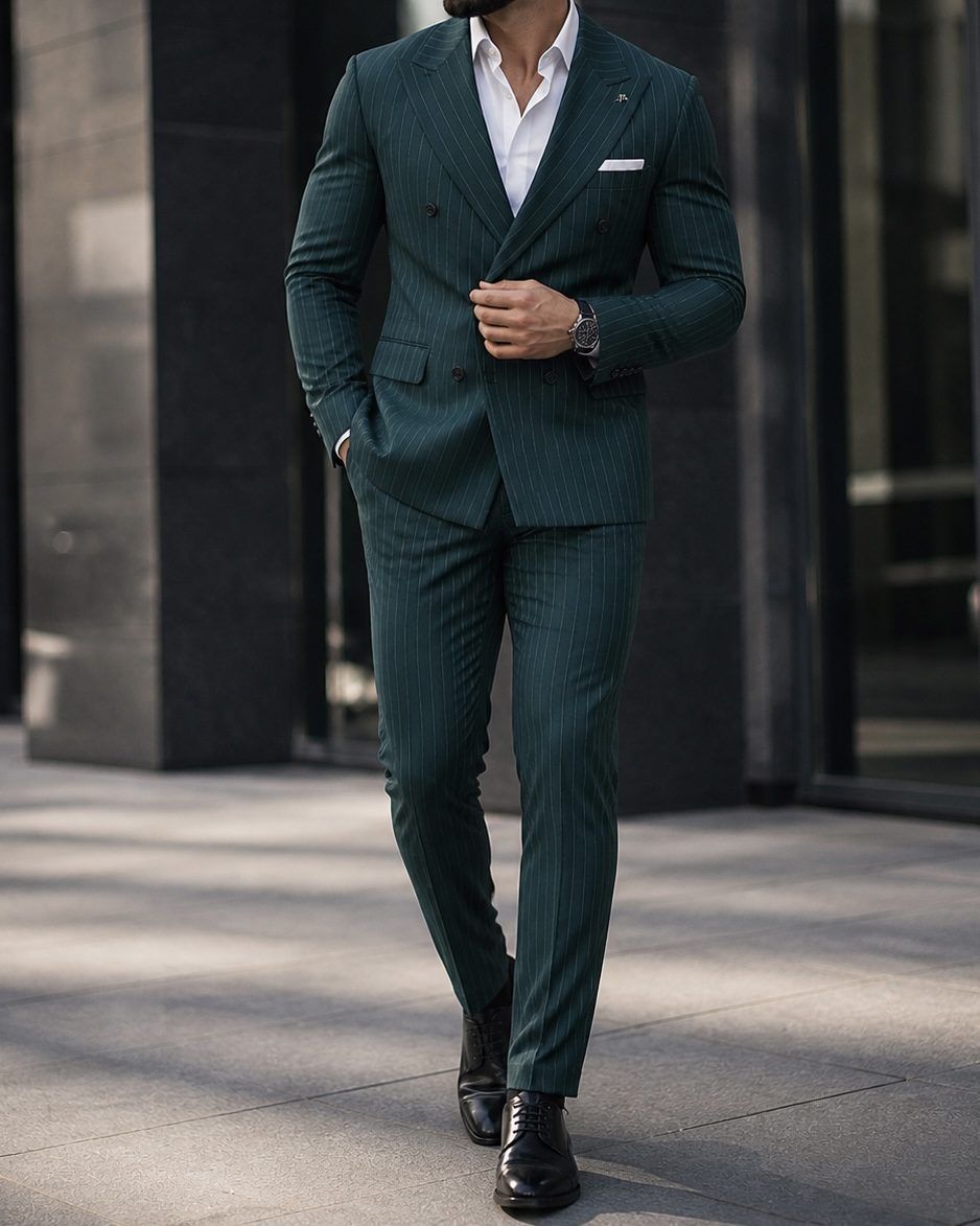 Double Breasted Pinstripe Suit – Green gallery.thumbnail 1