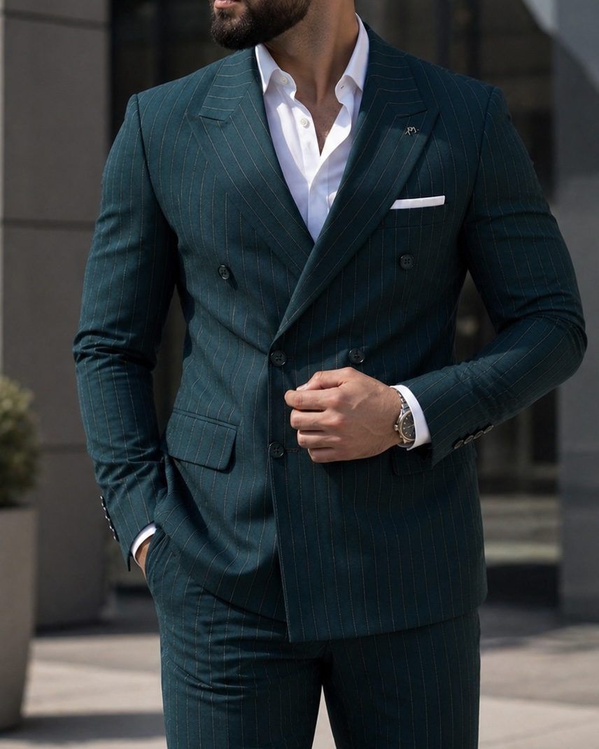 Double Breasted Pinstripe Suit – Green gallery.thumbnail 2