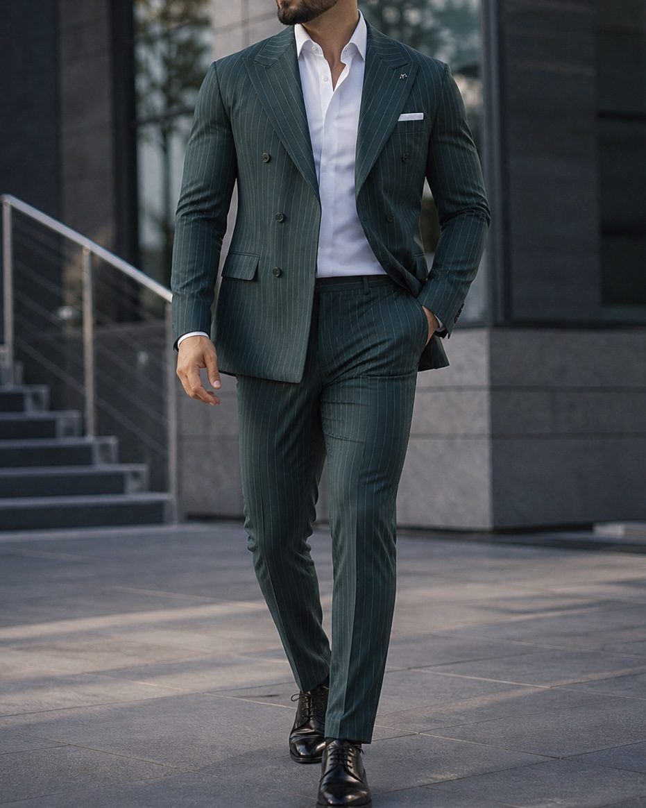 Double Breasted Pinstripe Suit – Green gallery.thumbnail 3