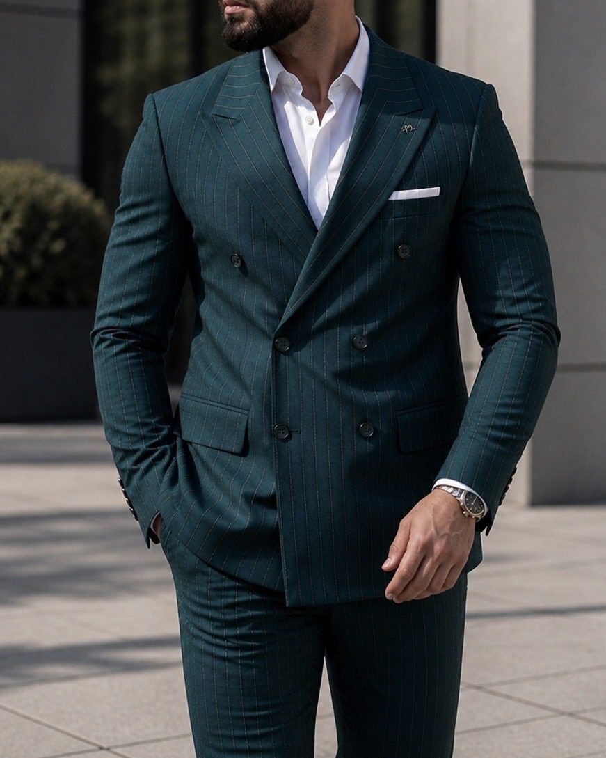 Double Breasted Pinstripe Suit – Green gallery.thumbnail 4