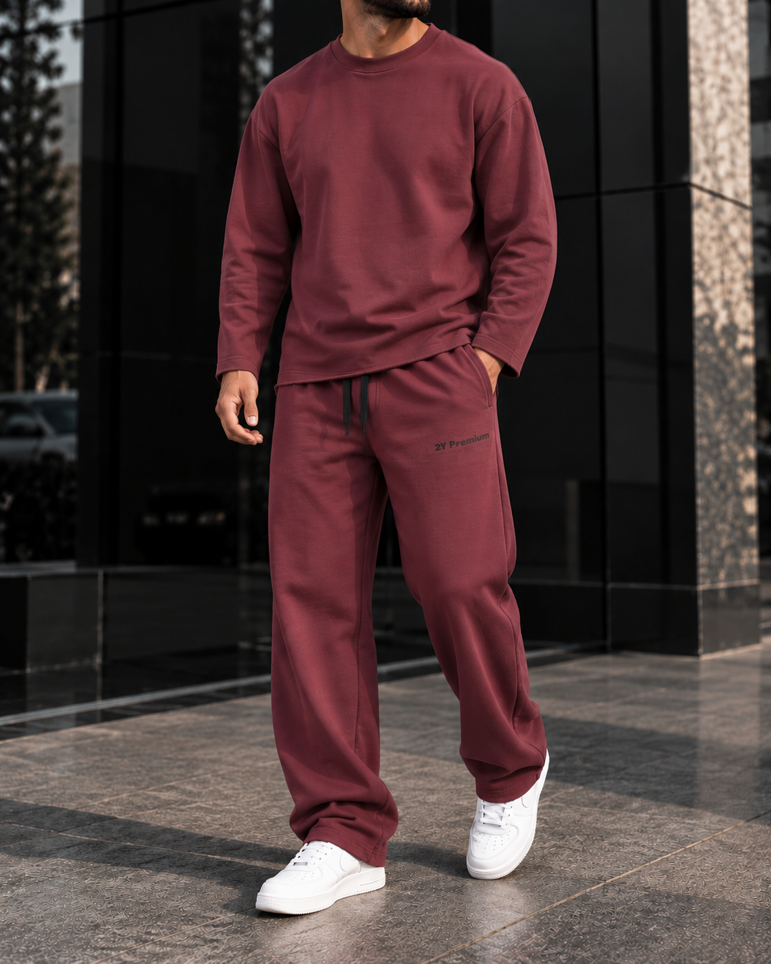 Burgundy Relaxed Crewneck Tracksuit Set gallery.thumbnail 2