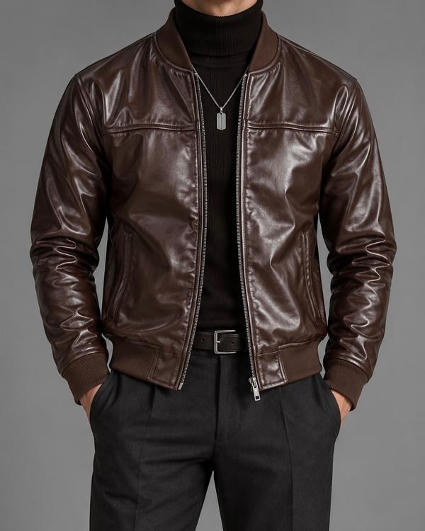 Brown Leather Look Bomber Jacket