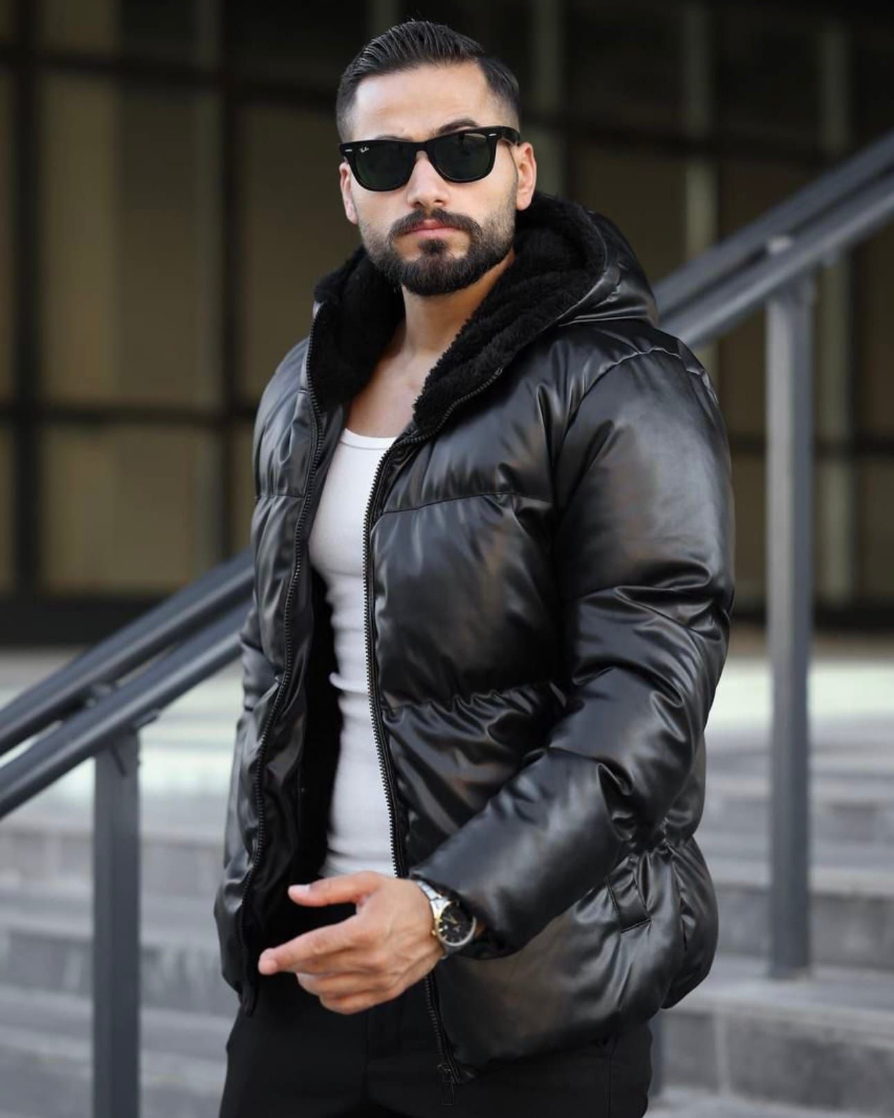 Faux Leather Puffer Jacket gallery.thumbnail 1