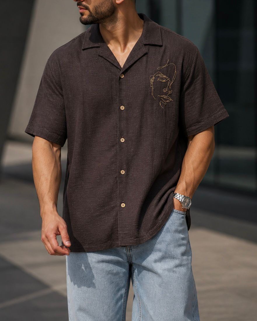 Textured Shirt with Embroidery – Brown gallery.thumbnail 1