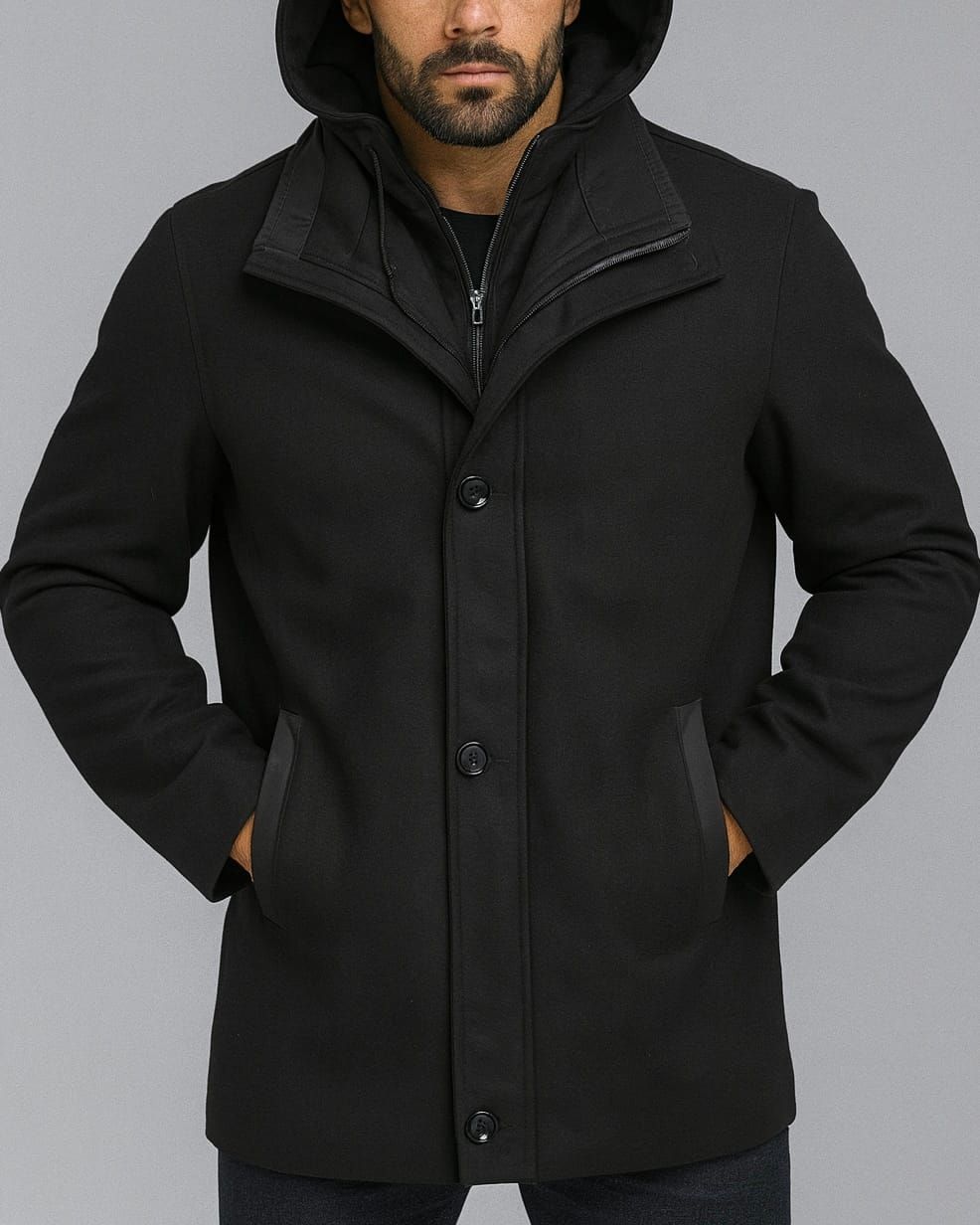 WOOL-BLEND COAT WITH DETACHABLE HOOD INSERT – BLACK gallery.thumbnail 1