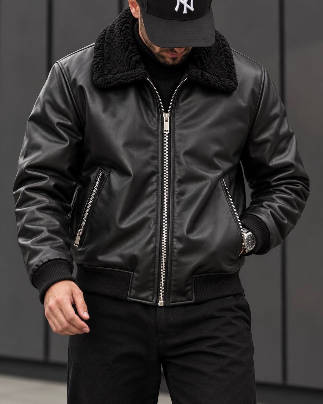 Black Sherpa Collar Bomber Jacket 1
