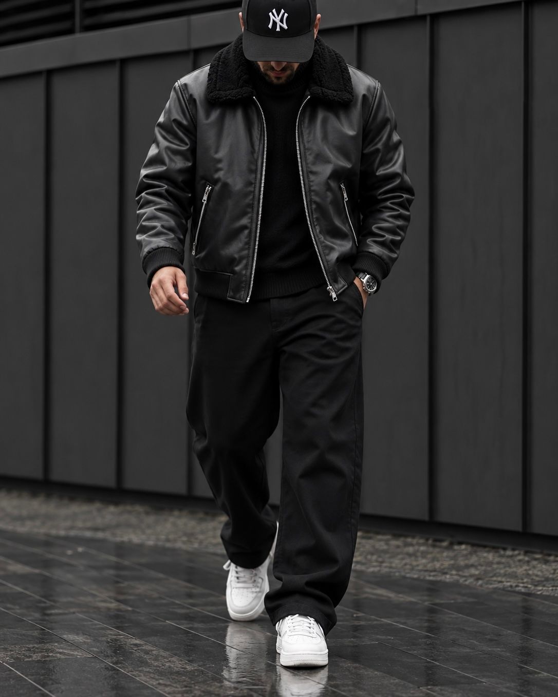Black Sherpa Collar Bomber Jacket 2
