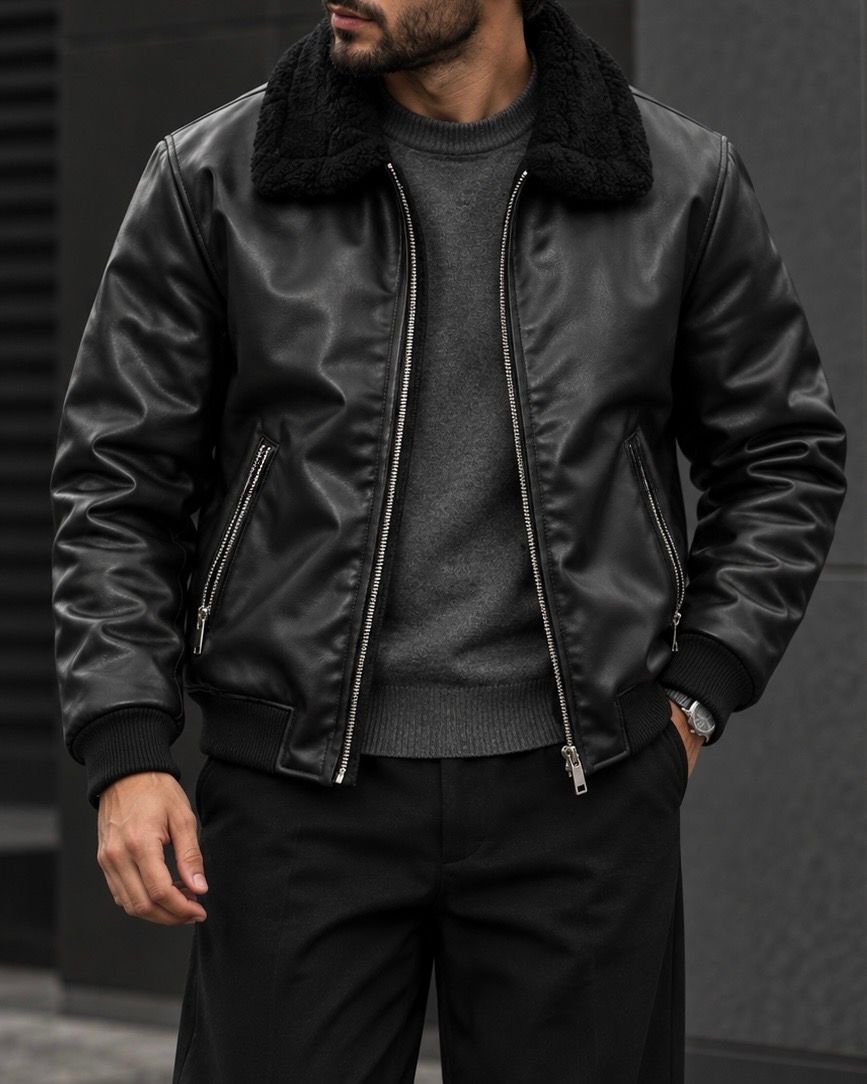 Black Sherpa Collar Bomber Jacket gallery.thumbnail 3