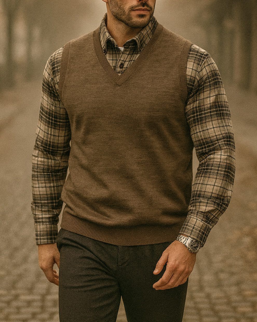 CLASSIC V-NECK KNITTED VEST – BROWN 1
