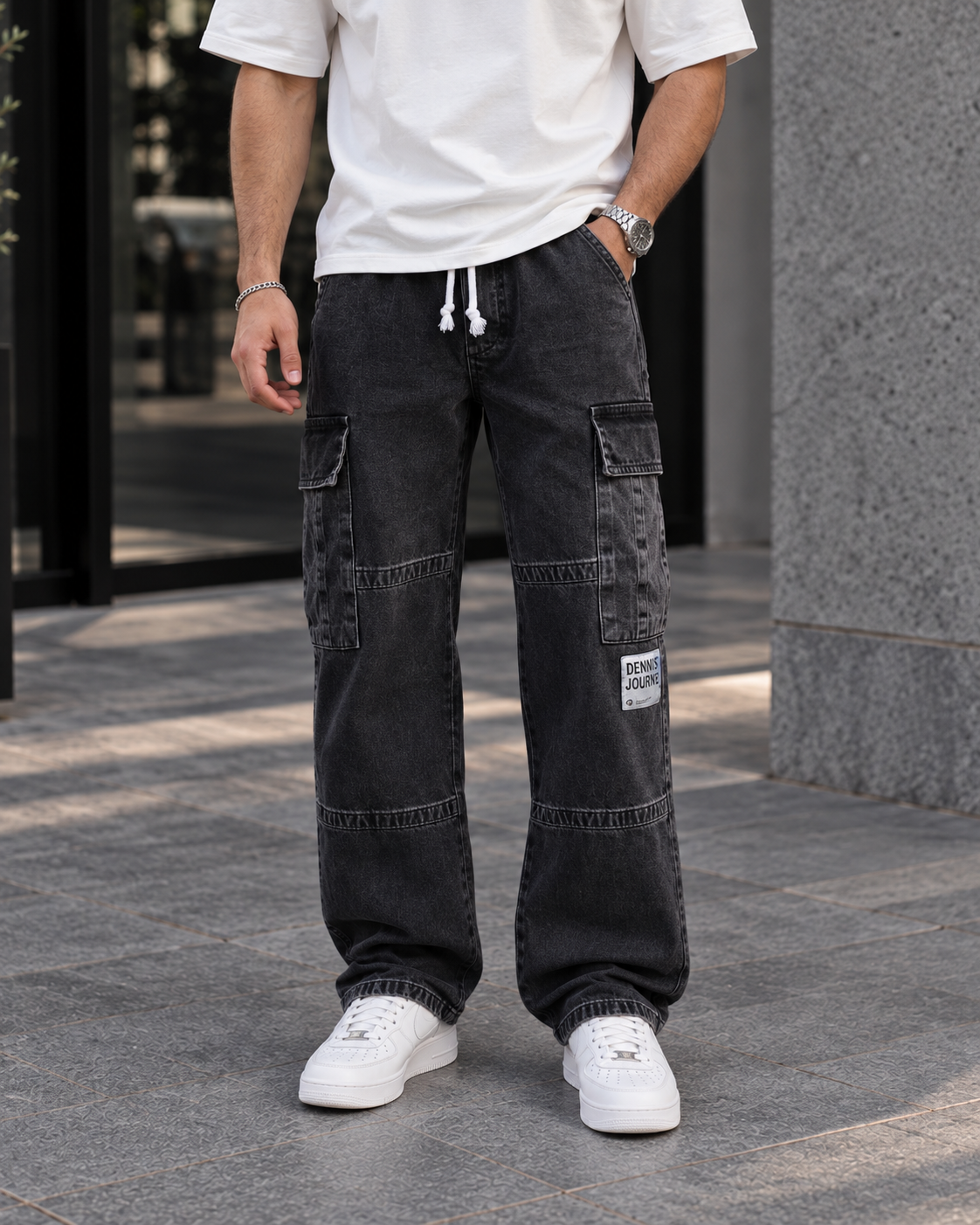 Black Washed Cargo Jeans 1