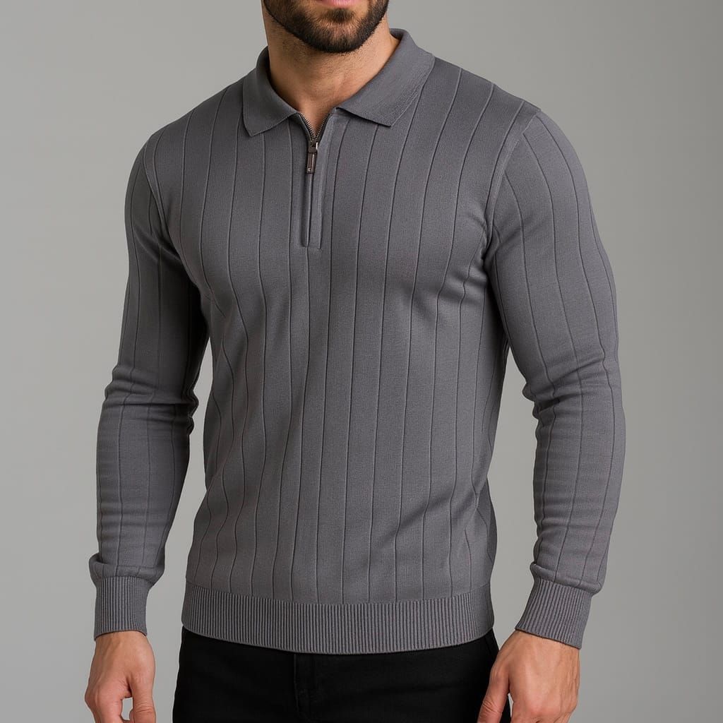 Grey Ribbed Zip Polo Sweater gallery.thumbnail 1